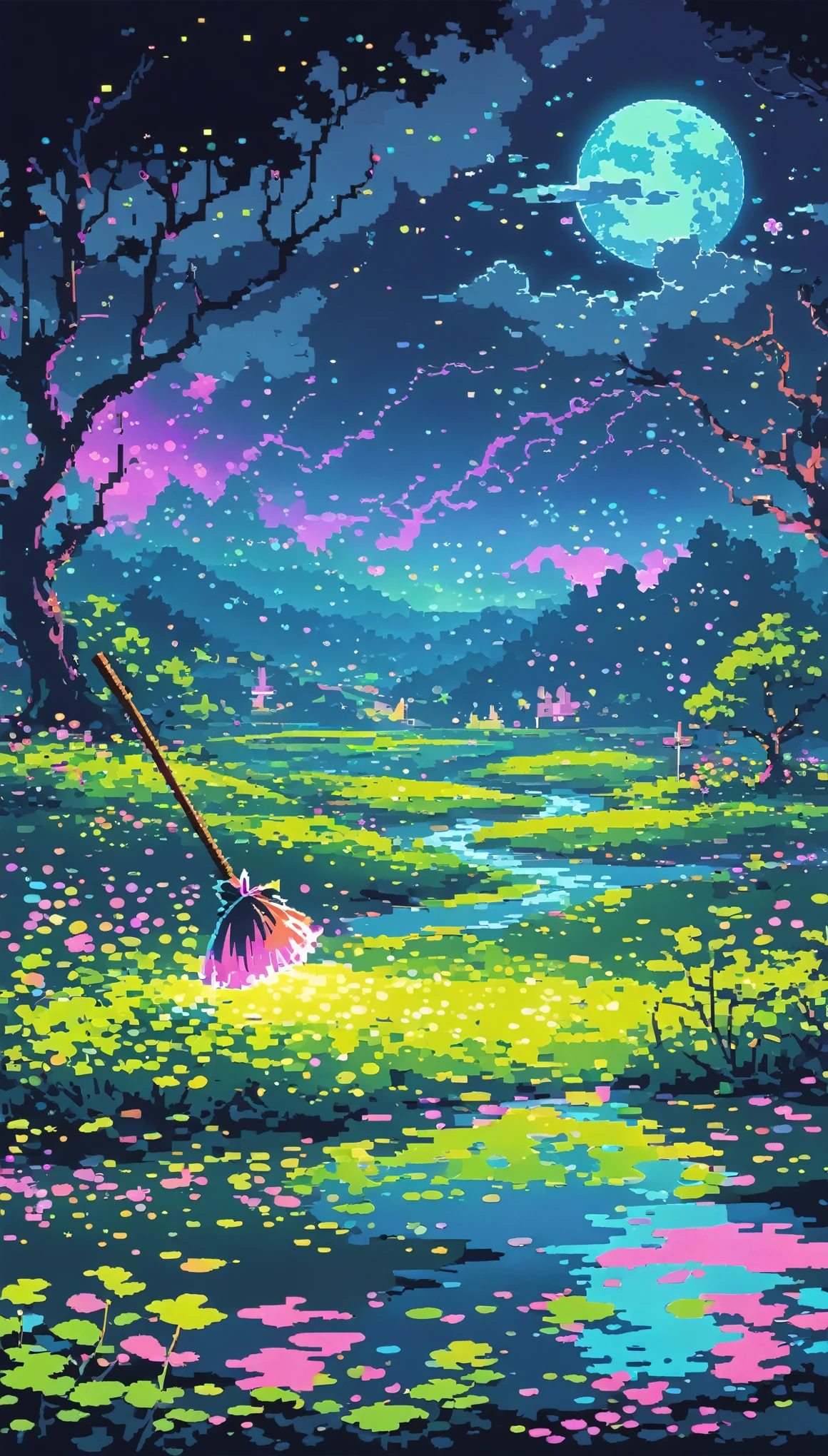 dark neon Magical Witch pixel ,landscape, No people, Witch's Broom