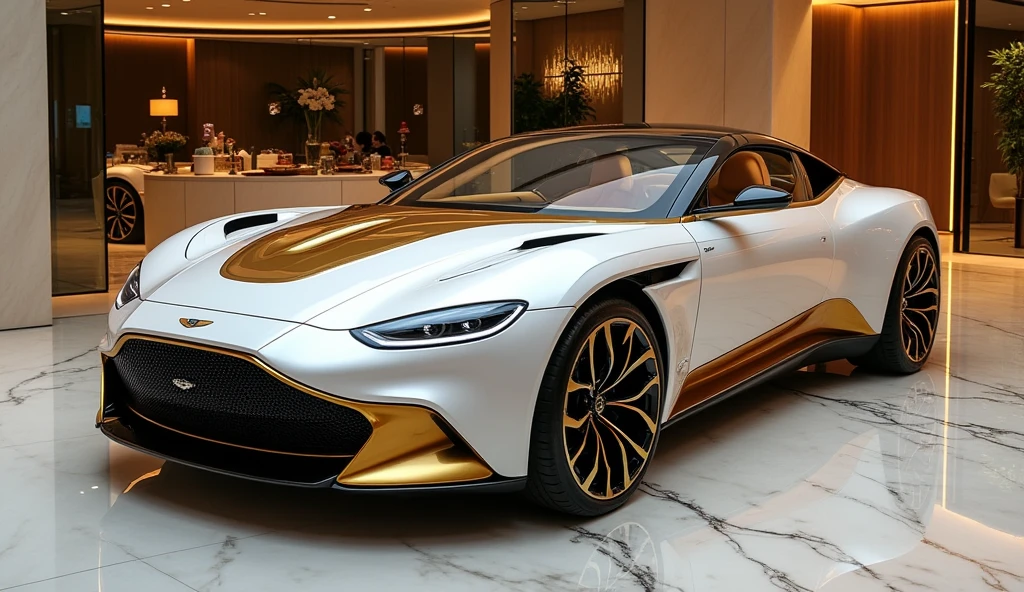 A detailed view of the interior seating of the luxurious new 2025 Aston Martin, featuring an elegant combination of white and gold, parked in an upscale showroom. The seats are upholstered in premium white leather with exquisite gold stitching, exuding both comfort and sophistication. The interior design includes polished gold accents, a high-tech dashboard, and ambient lighting that creates a warm, inviting atmosphere. The showroom is adorned with polished marble floors, expansive glass walls, and stylish decor, all illuminated by refined lighting that enhances the luxurious feel of the Aston Martin’s interior. The setting perfectly complements the car's opulence and advanced design.