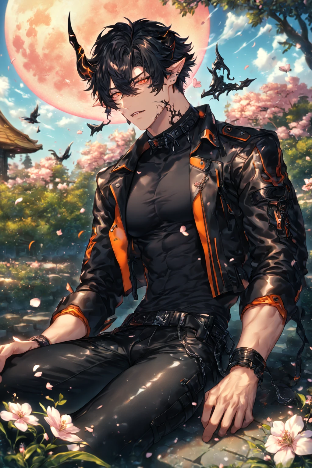 absurdres, highres, ultra detailed, HDR) master piece, best quality, extremely detailed, detailed face, detailed eyes, delicated features, Flamebringer, black hair, expressive orange eyes, Arknights, solo, sexy man, handsome, toned, sensual, black horns, slightly pointed ears, black marks on the face, cropped leather jacket with orange patterns, tight turtleneck shirt, collar, black leather pants, sitting, cherry blossoms, garden, pink flowers, fantasy, magical, pink moon, blue sky