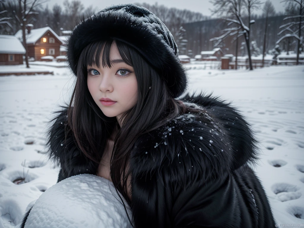 In the snowy Russian countryside、Wearing a black mink fur coat、woman。Looking at this、(((Staring at the photographer、ペアのwoman)))