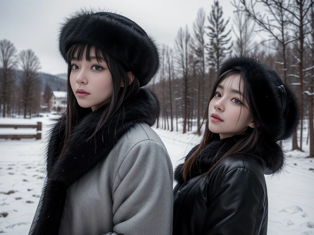 In the snowy Russian countryside、Wearing a black mink fur coat、woman。Looking at this、(((Staring at the photographer、ペアのwoman)))