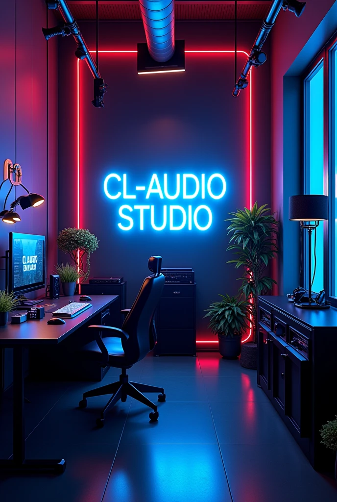 Fait moi un arrière plan de streamer avec écrit "CL-Audio STUDIO" sur le mur, in neon lights