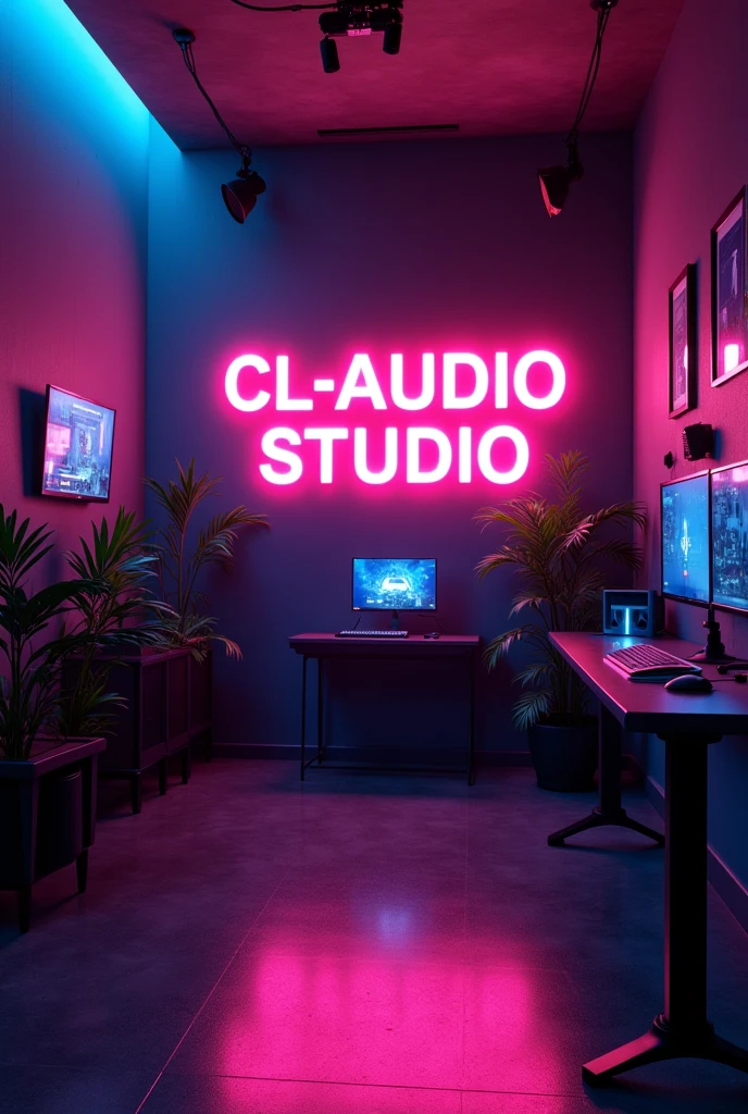 Fait moi un arrière plan de streamer avec écrit "CL-Audio STUDIO" sur le mur, in neon lights