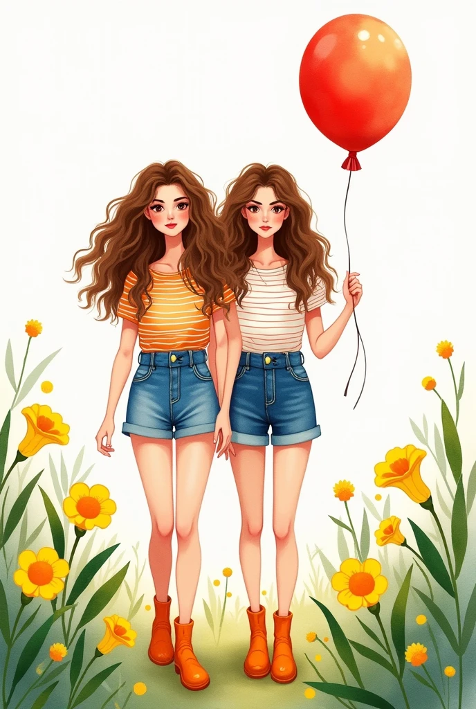A watercolor illustration of a 2 woman with long curly brown hair, looking at the camera. She is wearing a striped shirt, blue denim shorts and orange boots. She is holding a red balloon in her right hand. The girl is standing in a field of yellow flowers and green leaves. The background is white.