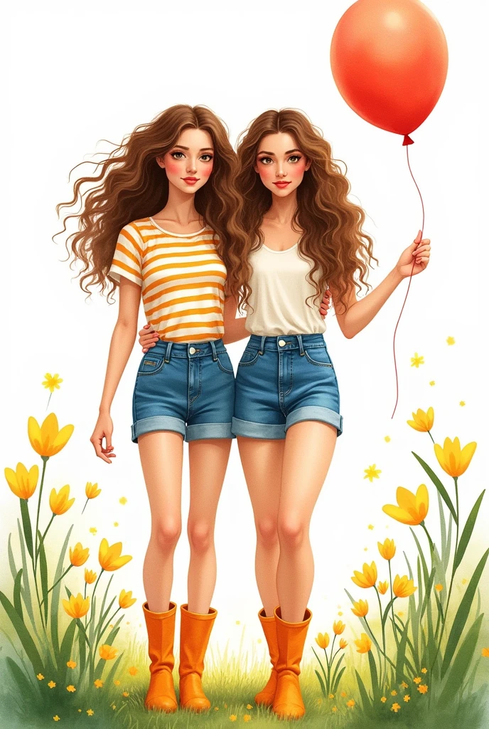 A watercolor illustration of a 2 woman with long curly brown hair, looking at the camera. She is wearing a striped shirt, blue denim shorts and orange boots. She is holding a red balloon in her right hand. The girl is standing in a field of yellow flowers and green leaves. The background is white.