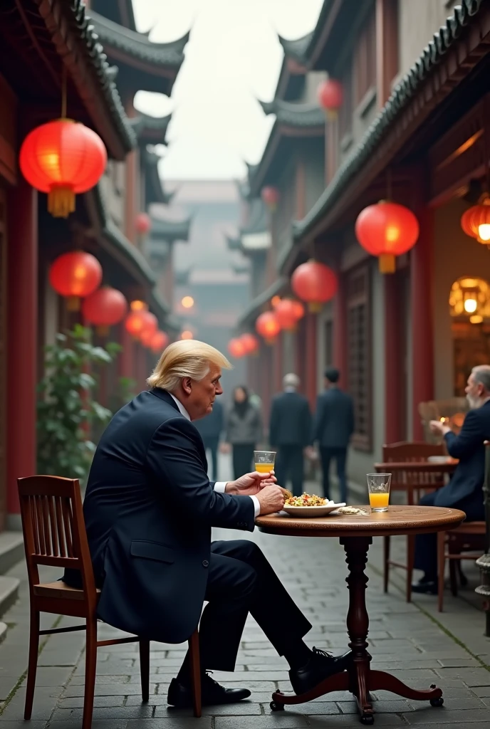 Former US President Donald Trump eats in a Beijing hutong
