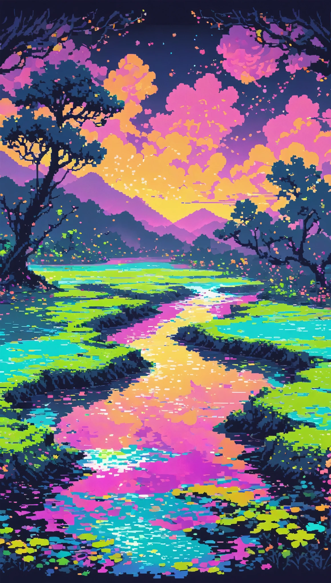 dark neon Magical Witch pixel ,landscape, No people ,Poisonous River