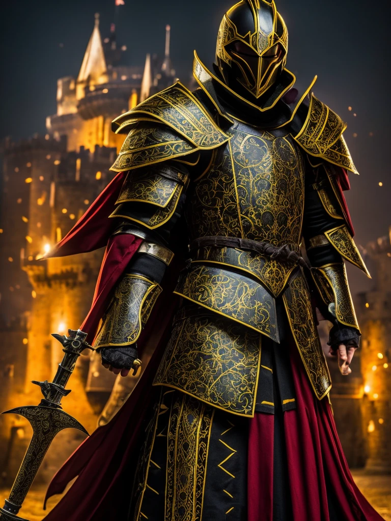 A gentleman in comical armor with a dark aura, The armor has red and black details with a strong yellow light, he has a sword capable of killing even God., in the background of a castle, he is also fighting with his counterpart who is his opposite.