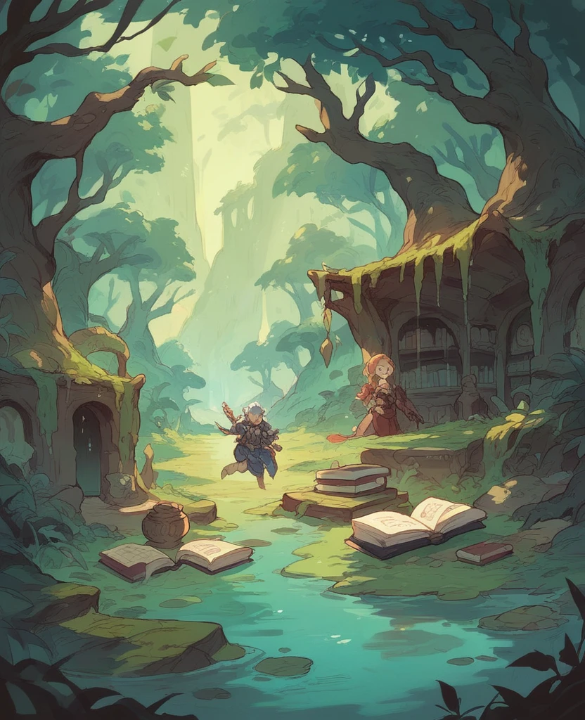 Book cover for a Fantasy story, three teenagers exploring a swamp palace. They all wear blue tavard, epic fantasy style, d&d