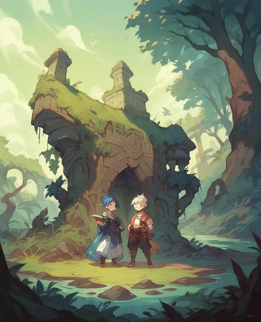 Book cover for a Fantasy story, three teenagers exploring a swamp palace. They all wear blue tavard, epic fantasy style, d&d