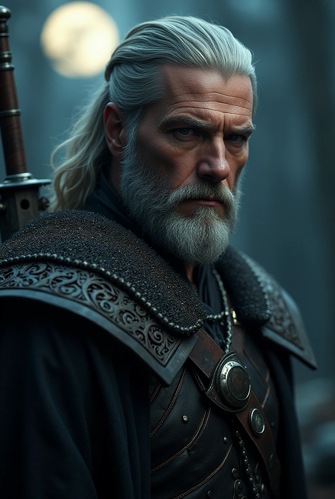Actor Travis Fimmel (travis fimmel) Geralt of Rivia (Geralt of Rivia) Night portrait of, his face is illuminated by the full moon, He has a beard, Model shooting style (Extremely detailed CG Unity 8K), Full-frame photography of the world's most beautiful works of art, Medieval wizard armor, Greg Rutkowski's professional majestic paintings, Popular on artstation, Popular on CGsociety, complex, Very detailed, Be focused, dramatic, Midjourney's realistic paintings