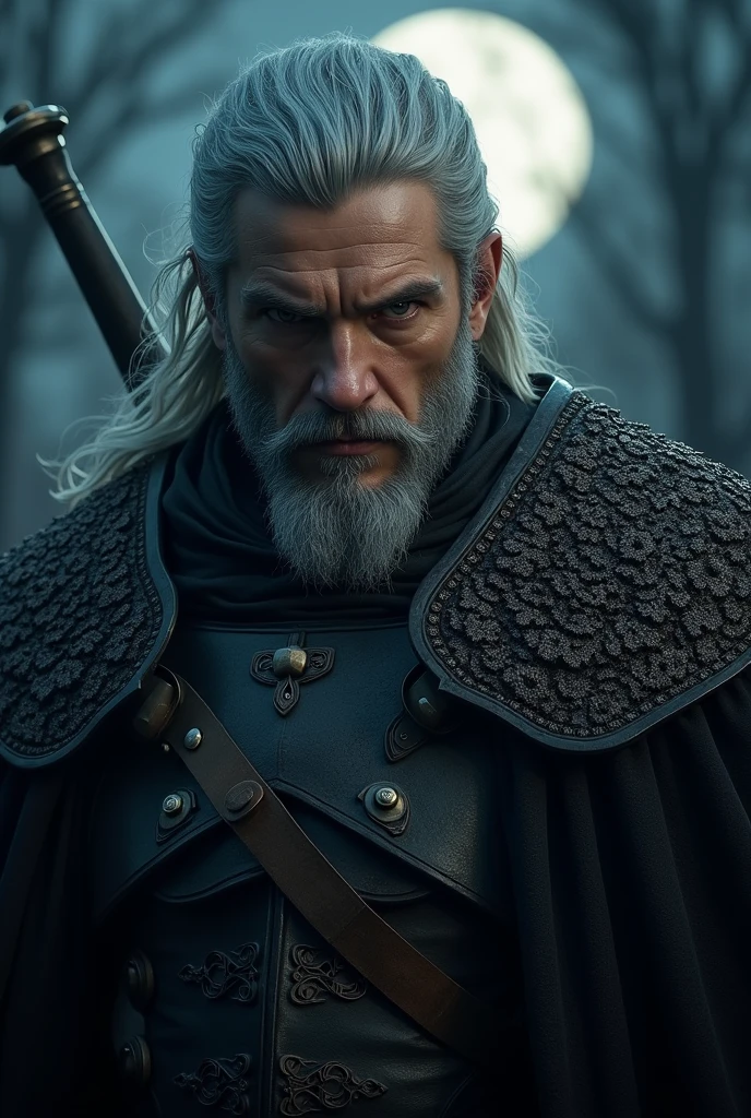 Actor Travis Fimmel (travis fimmel) Geralt of Rivia (Geralt of Rivia) Night portrait of, his face is illuminated by the full moon, He has a beard, Model shooting style (Extremely detailed CG Unity 8K), Full-frame photography of the world&#39;s most beautiful works of art, Medieval wizard armor, Greg Rutkowski&#39;s professional majestic paintings, Popular on artstation, Popular on CGsociety, complex, Very detailed, Be focused, dramatic, Midjourney&#39;s realistic paintings