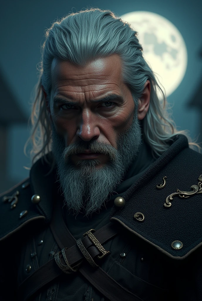 Actor Travis Fimmel (travis fimmel) Geralt of Rivia (Geralt of Rivia) Night portrait of, his face is illuminated by the full moon, He has a beard, Model shooting style (Extremely detailed CG Unity 8K), Full-frame photography of the world&#39;s most beautiful works of art, Medieval wizard armor, Greg Rutkowski&#39;s professional majestic paintings, Popular on artstation, Popular on CGsociety, complex, Very detailed, Be focused, dramatic, Midjourney&#39;s realistic paintings