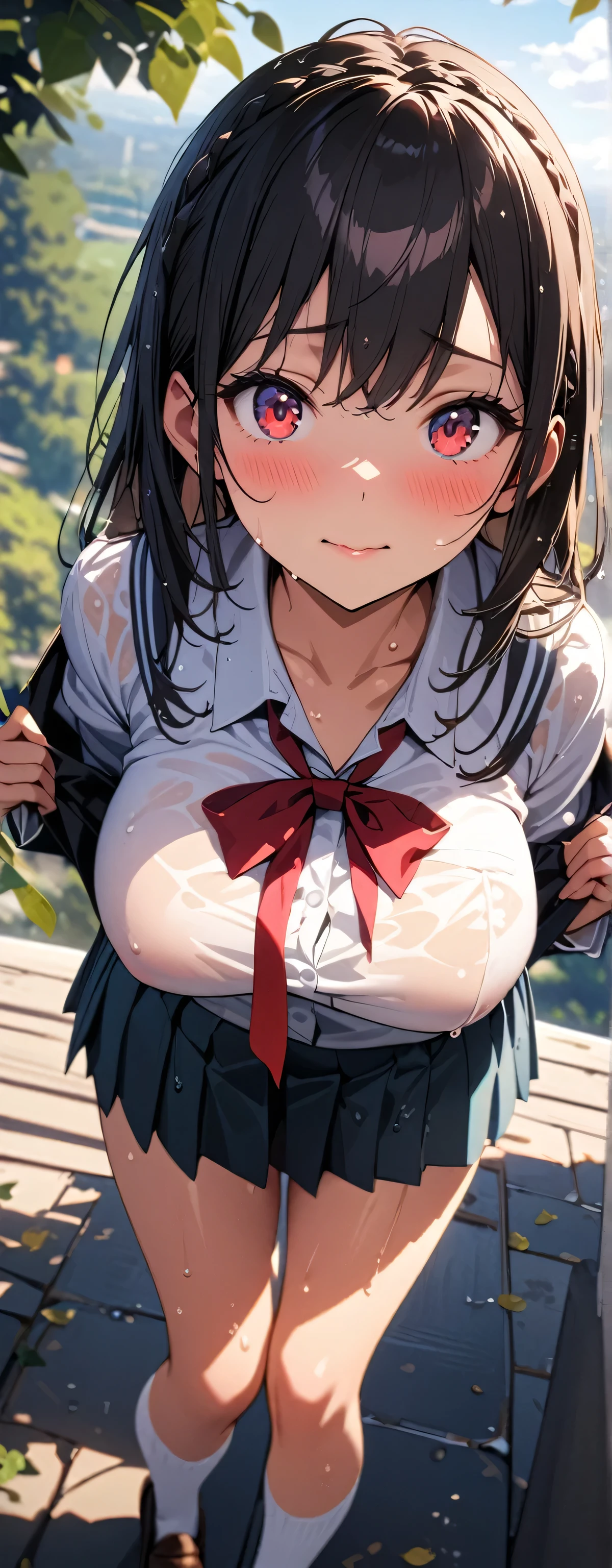 1, (beautiful girl: 1.3),1girl,masterpiece, Highest quality, Ultra-high resolution,rich contrast,super high quality,8k,Highly detailed CG unit wallpaper,texture,Incredibly absurd,Ultra-high resolution,RAW Photos,Depth of Field 1.2,overlooking,(magnificent panorama view:1.3),(High School Uniform&Pleated skirt:1.5),Black Hair,Crown braid,Ultra-detailed eyes,(sensuous),Glowing Skin,loafers,leaves dripping with rain,sunlight through trees,post-rain aroma,Her jacket is open and her breasts are exposed,blush,Sigh,look up,(((Wet))),((Large Breasts)),After the Rain,pencil drawing