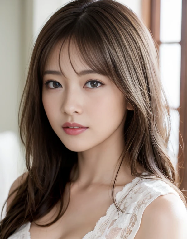 (16 K、Raw photography、top-quality、masterpiece)、(realisitic、Photorealsitic)、ultra-detailliert、超A high resolution、1 girl naked、see the beholder、beautifull detailed face、A smile、Constriction、(Slim waist) Beautiful detailed skin、Skin Texture、floated hair、profetional lighting、Depiction of light pink neat areola and nipples、
