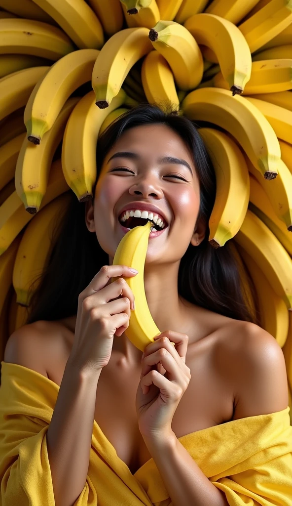 Clothed 30&#39;s、A very beautiful Filipino woman。Wearing traditional Filipino clothing。Facing forward、Open your mouth wide、With your right hand、She looks delicious eating the banana she is holding.、I bite into it with the skin on.。The expression is、Ecstatic expression、I feel a strong sense of ecstasy。With a smile、Both eyes are open。The head is peeled、Covered with several real bananas。頭とその周辺にBananaたくさんある。There are bananas all around。Banana、There&#39;s just so much。The skin is、Hidden by clothes、Light clothing。There are bananas all around。Covered in bananas。Fully clothed。No tattoos。The background is the color of the Philippine flag.。9:16 sizes。Highest quality、A masterpiece。