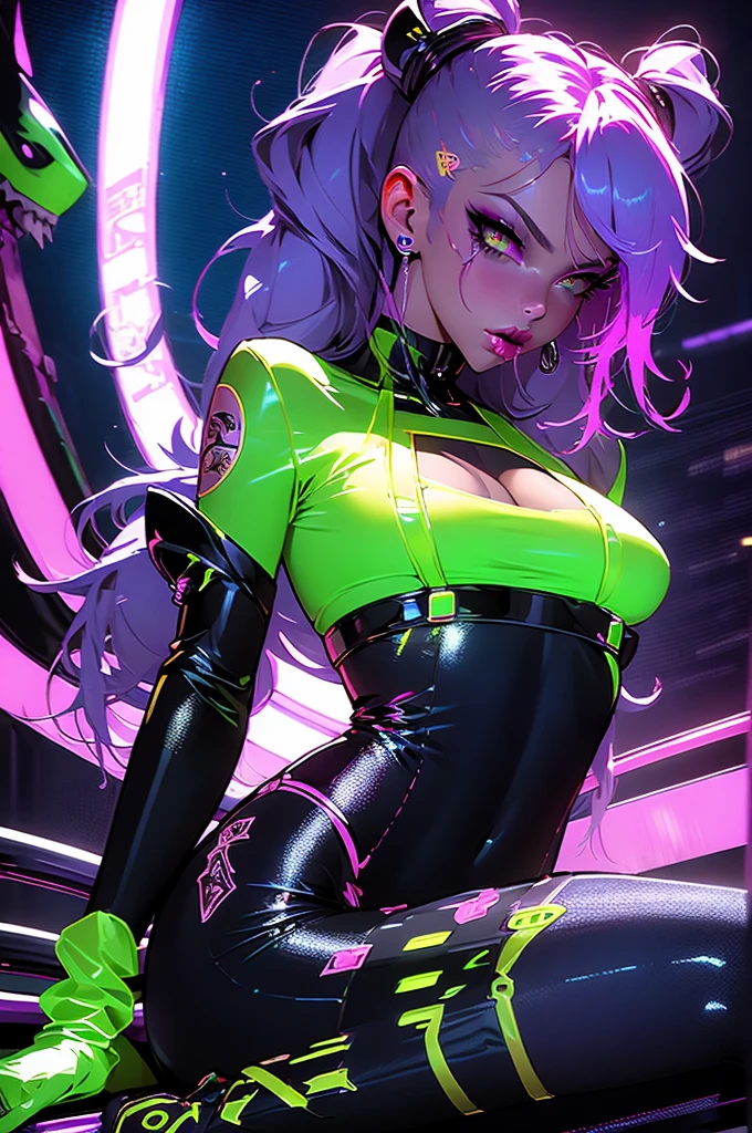 Beautiful, women, Cara sexy, yellow eyes, by white, Skinny body, pose sexy, pink stockings, mecha, neon sign, led night city, , high quality, realist, beautiful light, full detail, ( purple mini skirt) ( thigh high boots) long purple hair in pigtails with her tongue out and holding a pole on a stageyoung Latina girl with long straight. neon green hair and , full lashes, glossy lips, piercing makeup donesmiling