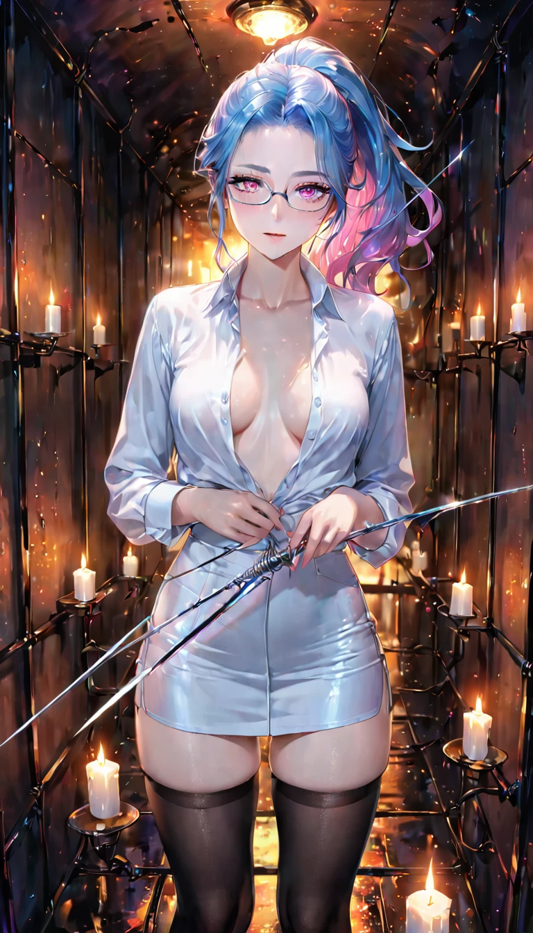 Intelligent beauty, glasses, light blue messy wavy ponytail, forehead, (attractive and seductive) and (amorous and lewd) expression, pink eyes, make-up, glamorous proportions, wearing unbuttoned white shirt, tight black mini skirt, black stockings, iridescent rapier, background dim underground prison, candlelight room, (ultra detailed, absolutely resolution, best quality:1.3), 2.5D, delicate and dynamic effects, shading effects, contrast effects, artistic, hyper, graphic CG digital art
