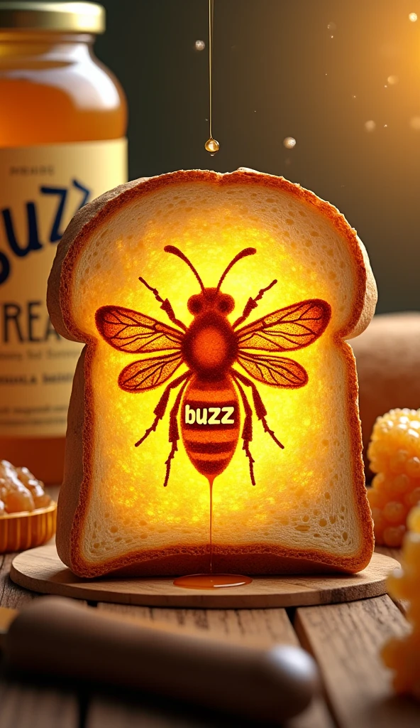 Toast Canvas with Buzz:

Subject Details:
A captivating 3D conceptual art piece features a large slice of toast as the canvas, transformed into an intricate masterpiece. The toast is adorned with a silhouette of a buzzing bee, skillfully crafted using golden honey from the innovative company, "BUZZ SPREAD."

Buzz Concept:
The bee's wings and body are made to look as though they are vibrating with energy, giving the impression of an actual buzz. The word "BUZZ" is subtly integrated into the wings, creating a clever play on words and visuals.

Setting:
The background features a jar of "BUZZ SPREAD" honey, a honeycomb, and a spreading knife, emphasizing the remarkable potential of honey to transform ordinary objects into mesmerizing works of art.

Visual Style:
The honey should have a rich, golden texture that contrasts beautifully with the toasted bread, creating a visually stunning display. The "BUZZ" text within the bee's wings should be crafted with precision to blend seamlessly into the design.

Mood and Atmosphere:
The mood is creative and inspiring, showcasing the potential of simple ingredients to become extraordinary when paired with artistic vision. The scene should evoke a sense of wonder and appreciation for the intricate details.

