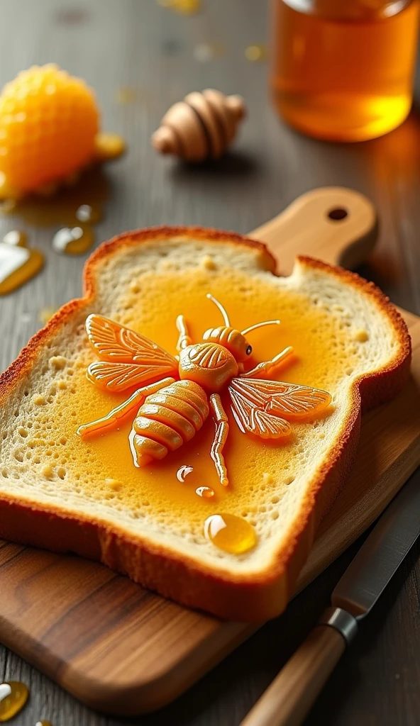 Toast Canvas with Buzz:
Subject Details:
A captivating 3D conceptual art piece features a large slice of toast as the canvas, transformed into an intricate masterpiece. The toast is adorned with a silhouette of a buzzing bee, skillfully crafted using golden honey from the innovative company, "BUZZ SPREAD."
Buzz Concept:
The bee's wings and body are made to look as though they are vibrating with energy, giving the impression of an actual buzz. The word "BUZZ" is subtly integrated into the wings, creating a clever play on words and visuals.
Setting:
The background features a jar of "BUZZ SPREAD" honey, a honeycomb, and a spreading knife, emphasizing the remarkable potential of honey to transform ordinary objects into mesmerizing works of art.
Visual Style:
The honey should have a rich, golden texture that contrasts beautifully with the toasted bread, creating a visually stunning display. The "BUZZ" text within the bee's wings should be crafted with precision to blend seamlessly into the design.
Mood and Atmosphere:
The mood is creative and inspiring, showcasing the potential of simple ingredients to become extraordinary when paired with artistic vision. The scene should evoke a sense of wonder and appreciation for the intricate details.