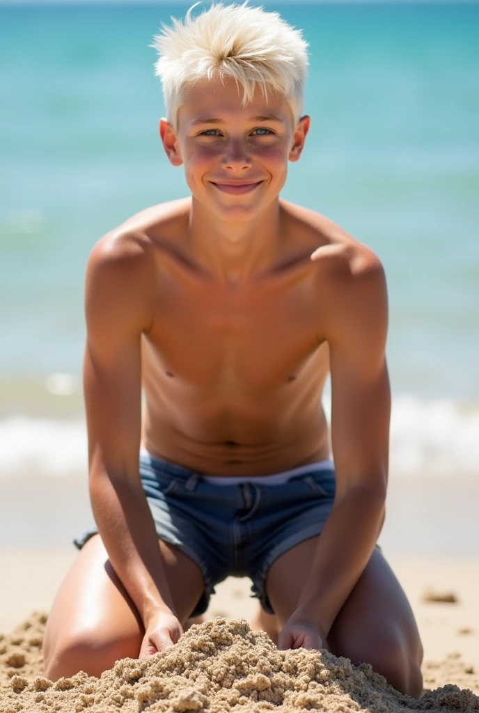 Handsome ager kneels and piles sand on the beach,fair skin,Hair color white,Slim figure,Background seaside,blue eyes,The upper body is shirtless,Wearing shorts on the lower body,Smile for the camera