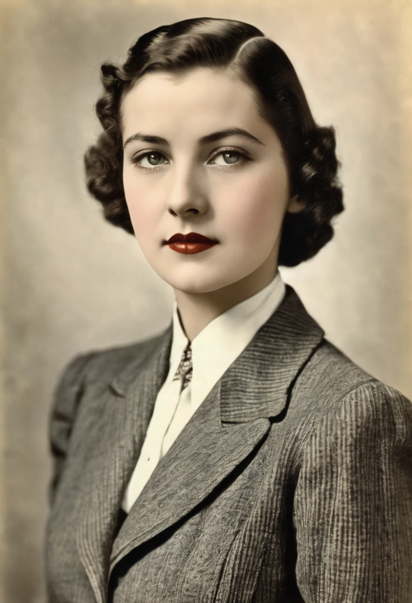 Young woman in a suit from 1937, colored photo