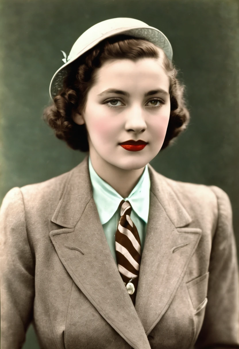 Young woman in a suit from 1937, colored photo