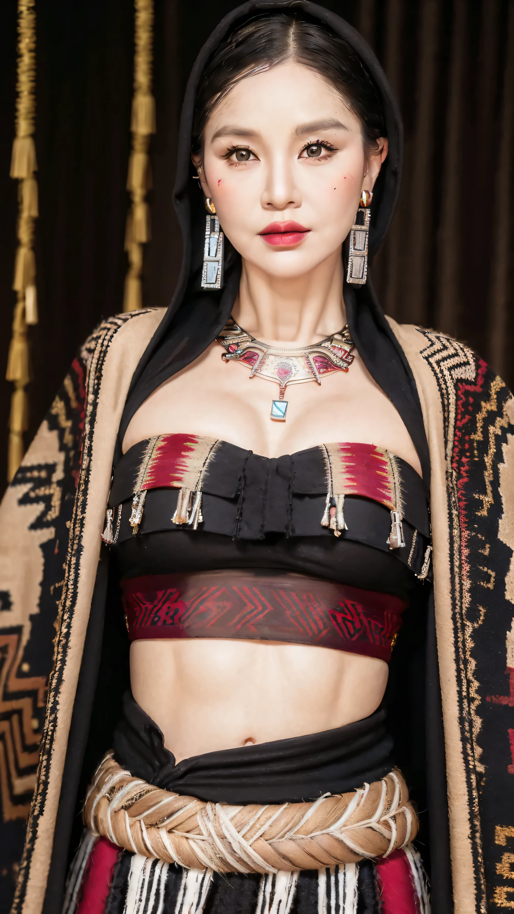 ((Realistic lighting, Masterpiece: 1.3), (raw photo:1.2), Best quality, 8K), Hyperrealist portrait gorgeous Beautiful tribal Chinese tribal woman, mature woman, 50 years old, Milf, beautiful serious face, wrinkled face, beautiful detailed charming eyes, (pretty natural breasts: 1.1), ((tribal black strapless top: 1.1), (sexy tribal black skirt), (tribal black Hooded Cloak Coat: 1.2), (tribal hijab: 1.2)), tribal loincloth, (tribal jewelry, tribal necklace), tribal Palace background, legendary style, epic style, full body, (standing pose: 1.2, tribal Palace background), professional photography, font view, very detailed faces, (garnet red lips, subtle makeup: 1.3), colorful style