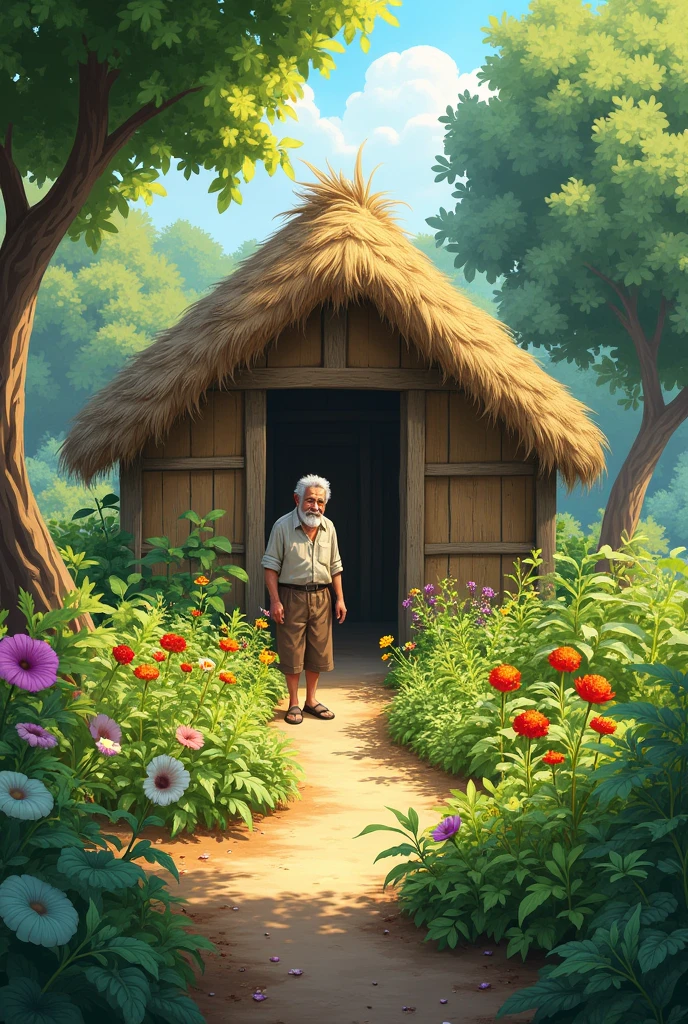 A small hut and a grandfather who gardens