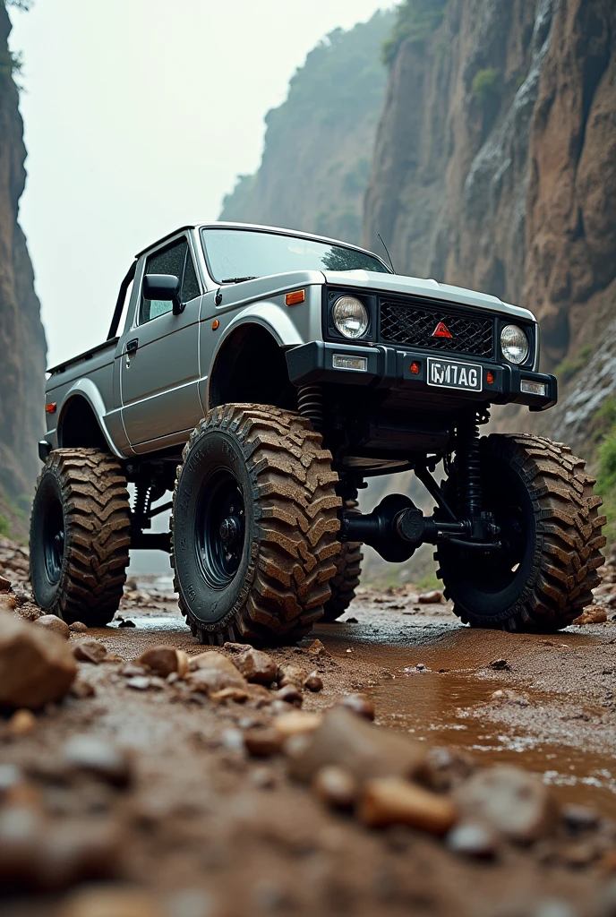 Daihatsu gino silver. Big tyre. Monster truck tyre.. 4×4 . Off-road. On mud . Jumping from high place. Jumping from cliff. Very epic. Very stunning.