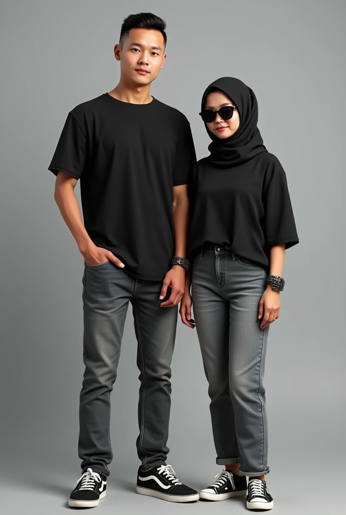 photorealism:1.2), Indonesian man ,thin and (short) short ,haircut (short slicked back) ,memakai kaos hitam dan gray jeans casual shoes ,with an Indonesian woman next to him in the same posture , wearing a black hijab and a black t-shirt ,with black hand decker ,,gray jeans ,casual shoes ,the woman is wearing sunglasses ,background silver