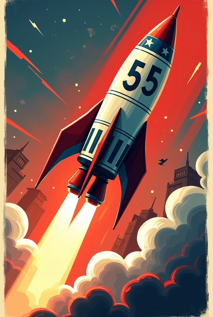 image of an animated rocket facing diagonally upwards with the number 55 on the side in the style of a political banner 