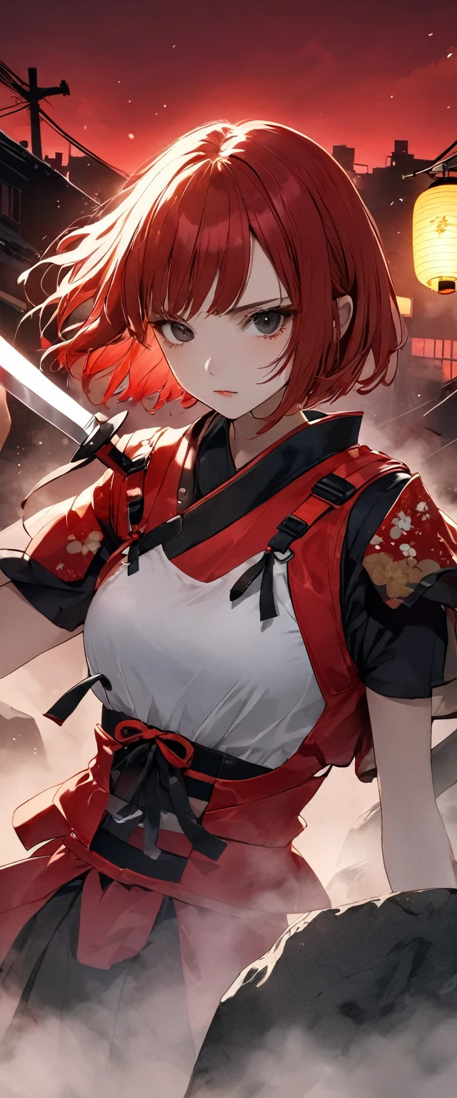 A woman in a shiny scarlet samurai costume。Lantern。Crouching on a rock。Messy red short hair。forehead。Cat ear。Cat Eyes。 White Wilderness。A world of thick fog,。Bust Shot。Dark Eyes。clothes are blowing in the wind。Serious expression。knife。Stylish pose。Many small floating lanterns。alone。neo tokyo。Japan。Red Sky。Chiaroscuro,
