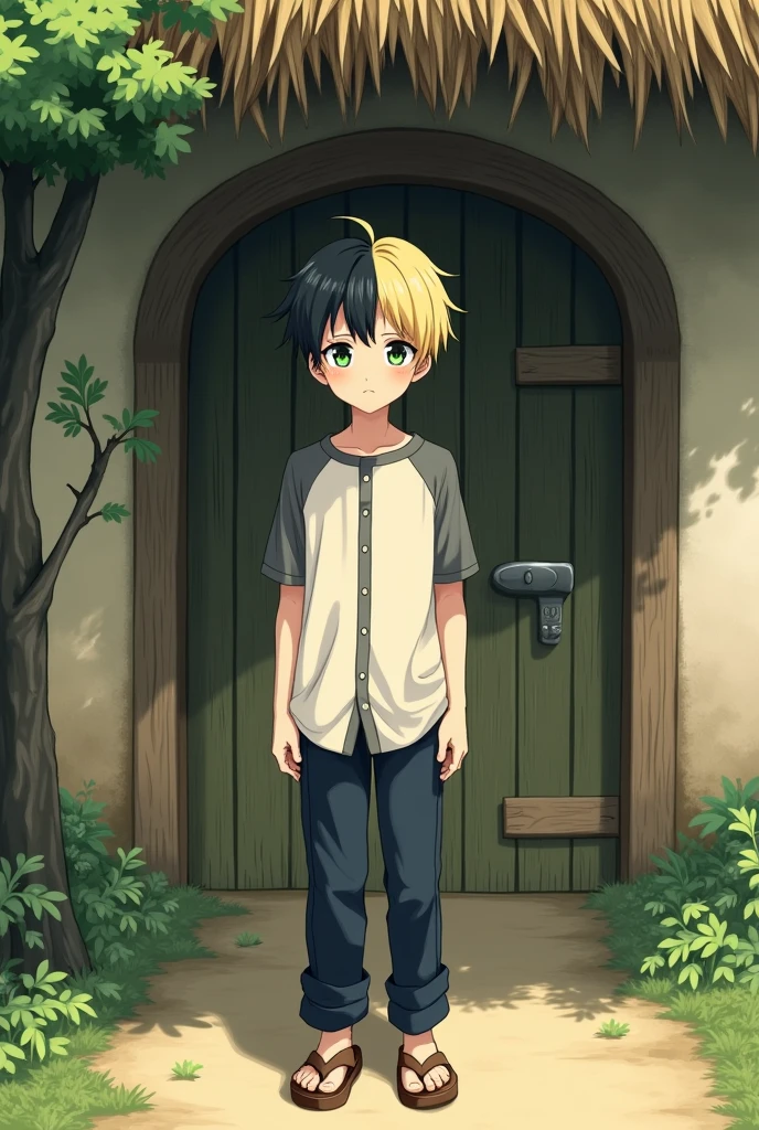 1 fantasy anime boy with short and tidy half-blonde and half-black hair. Shiny green eyes and a red halo around the pupils. White shirt with gray short sleeves and black edges, cream colored t-shirt underneath. The buttons are closed. Standing in front of the door of a house with straw walls and a hay roof. Among the greens and a single big tree facing. Old navy pants and old brown sandals.