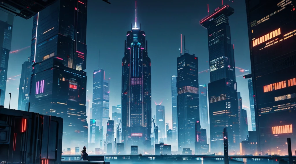 A cyberpunk city with skyscrapers stretching to the horizon,midnight,A bird's-eye view,(super high quality:1.3),masterpiece,(High definition),HDR,8k,Full CG