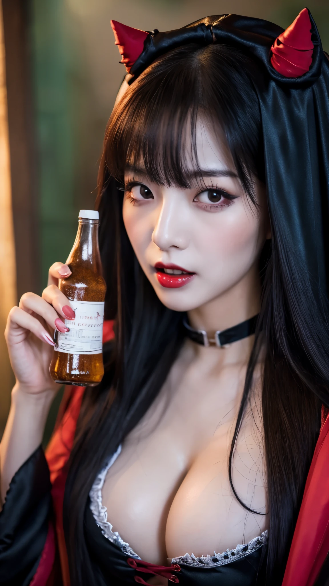extreme close-up of beautiful beautiful korean female, 34 inch breasts size, wearing vampire costume, holding poison bottle, in vampire roon, UHD