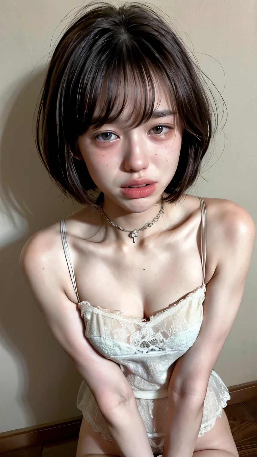 Magic Mix Real、(RAW Photos:1.2)、(Realistic:1.4)、Beautiful details and subtle expression,Tabletop、Very detailed表現、私n detail、Very detailed顔、Cinema Lighting、Highest quality、Realistic、Tabletop、Highest quality、8hair、 Earrings, Beautiful eye detail with eyelashes, Large file size, Very detailed, High resolution,A young and cute fair-skinned Japanese woman、Woman with bob cut、Act like a newlywed wife、The gesture of wanting a man、Gesture of invitation for young man、Teaching women sex appeal、Badedium Chest、choker、Lace camisole、With a crying face、Accurate Arm、I want you to love me、Timid New Bride、Red-faced and crying、口を開hairて、