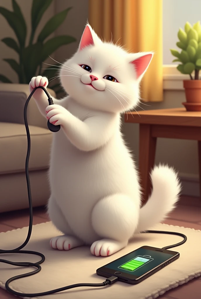 White cat The cat paws at the cord, accidentally plugging it into a phone with a low battery.