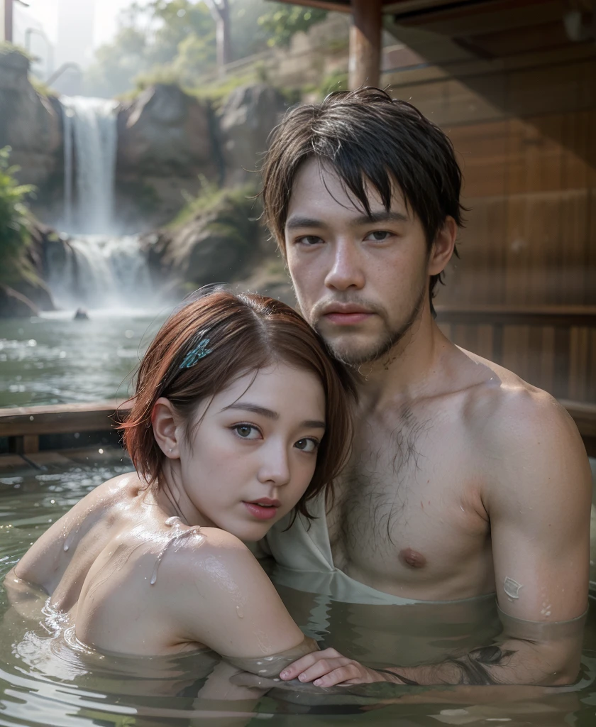 RAW, photorealistic, wide angle, facing forward, nude portrait of ((2people, a man and a woman, couple):1.5), a man is a ((japanese very old man, long white beard, skinny body, wearing nothing):1.35), BREAK, a woman is a ((young naked geisha:1.3) exposed her sagging breasts, slim body with sexy posture, (short red hair:1.3), detailed face with seductive expression), BREAK, they hug up each other, while they are (((lying and soaking in the foggy onsen, outdoor, waterfall background):1.35)), intimate ambient, she looks enjoy it with droopy eyes, a bit opened her sensual lips, extremely detailed face, photon mapping, natural daylighting, romantic ambient, foggy atmosphere, calm colors tones, in frame