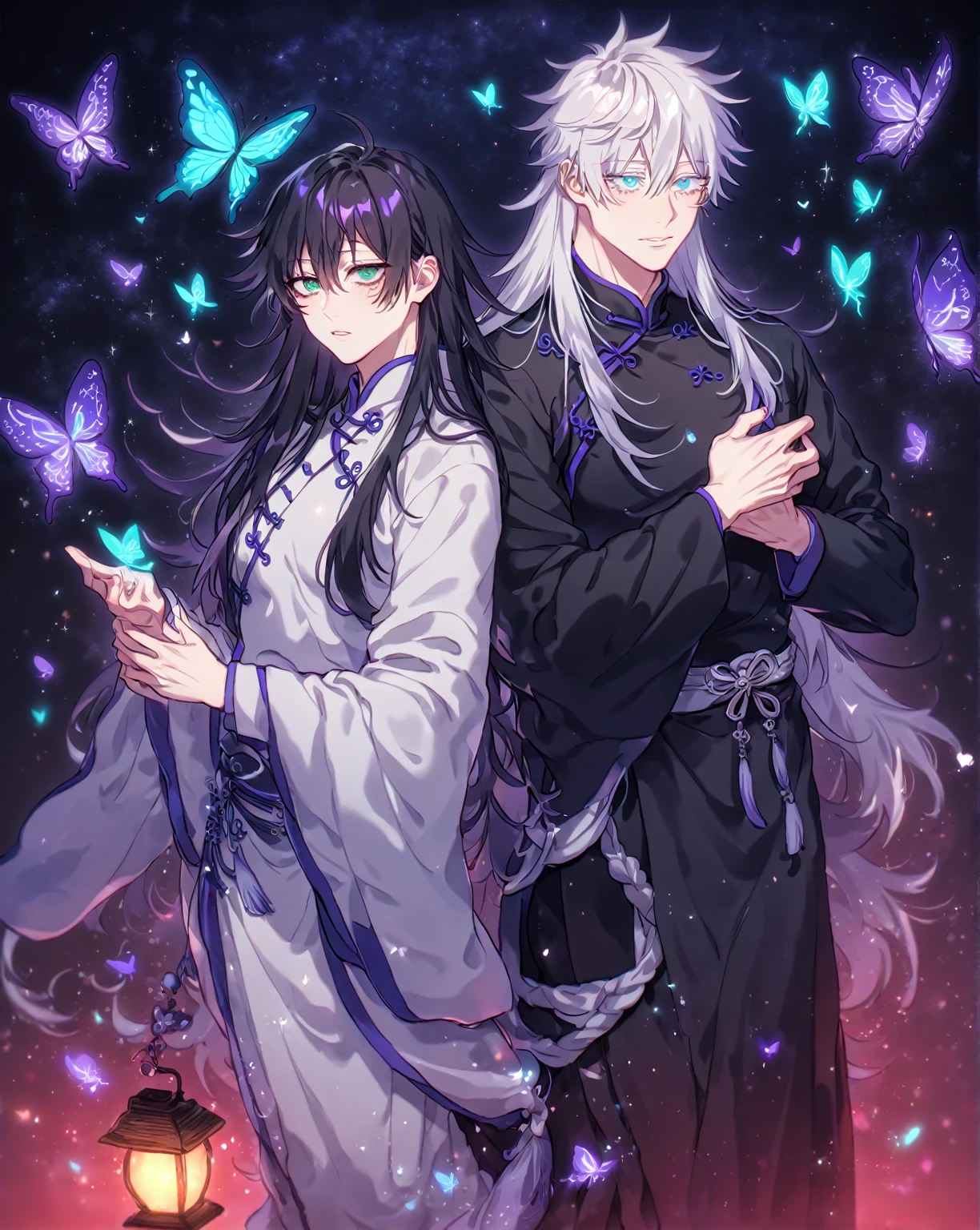 Ultra detailed, Highres, absurdres, HDR, master piece, Gojou Satoru, white hair with bangs, long hair, expressive blue eyes, white eyelashes, black Chinese clothes, Fushiguro Megumi, long hair, black spiked hair, expressive green eyes, Jujutsu Kaisen, two sexy men together, gay couple, yaoi, handsome, glittering, blue butterflies, starry sky, magical, fantasy, manly men, white Chinese clothes, accessories, shining lantern, purple butterflies