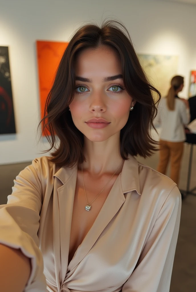 Arafed Woman wearing a white tank top and a necklace, Fille sexy aux yeux verts, Portrait Sophie Mudd, cheveux bruns et grands yeux, selfie of a young woman. Visit a modern art gallery. Elle porte une chemise en soie fluide et un pantalon chic, ideal for a cultural outing. Her brown hair is styled in a sleek bob., and she opted for subtle makeup that highlights her green eyes. Taking a selfie, she is in front of abstract art works, avec des installations contemporaines et des sculptures en arrière-plan. L’ambiance est sophistiquée et artistique, capturing the creative momentum of a day in an art gallery.