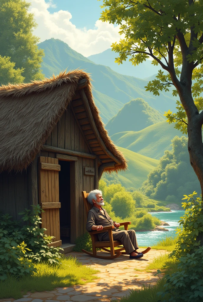 A small hut and a grandfather relaxing