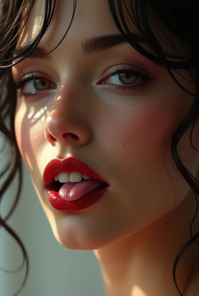 a young woman showing her hot lips and teeth and tongue realistic