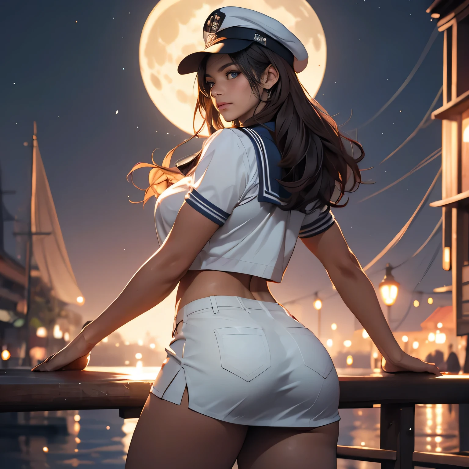 1 woman, Pretty Caucasian (female), Sarah Shahi, a slim but muscular body, huge breasts, dark brown messy hair, blue eyes, (RAW photo), (Realistic), (photo-realistic), ultra high resolution, masterpiece, highest quality, wearing a sailor uniform, tight ultra micro miniskirt, sailors cap, sexy thighs, exposed beautiful thighs, wide open chest, exposed large cleavage, huge breast, standing on a boat, in style of artgerm, moon shining, cosplay, a sexy sailor, , award - winning photo, lunar cycles, photo realistic, 8k vibrant colors, exposed back thighs and ass cheeks, view from behind, tight blue ultra micro miniskirt showing her ass cheeks perfectly, well detailed eyes, detailed fingers.