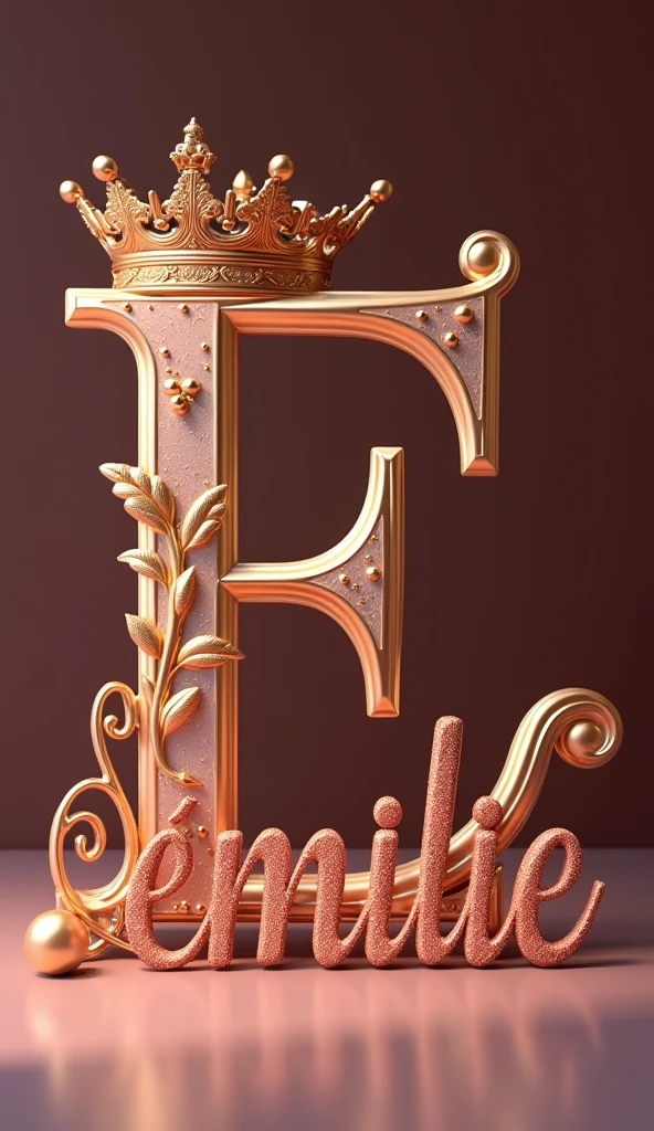Create a high-quality 3D image featuring the name 'Émilie.' The text should be crafted using a top-tier, elegant font with a luxurious and refined appearance. The focal point of the image should be the letter 'E,' which is adorned with a beautiful, intricate crown to emphasize its prominence. The design should be richly detailed, with a polished, professional finish. Use sophisticated colors and lighting to enhance the 3D effect, ensuring that the crown and the text stand out with striking clarity and elegance."