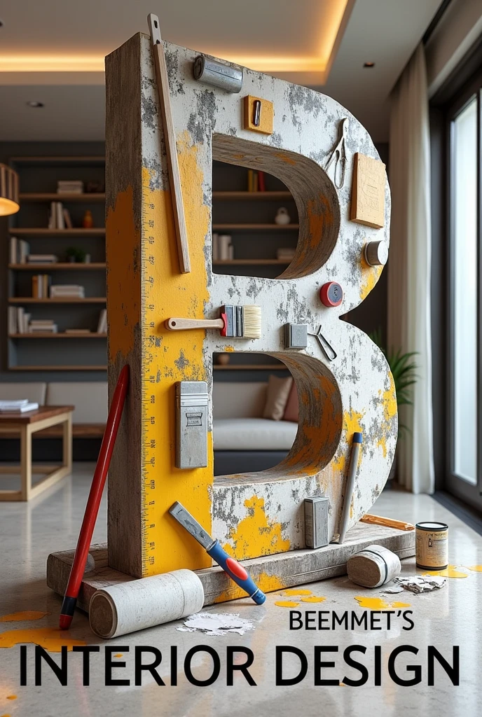 A huge letter B tilted made out of "house pain brush,roller,ruller,hand glove,and other house hold materials",background inside view of well designed house with ceiling lights designed walls book shelf tables sofas and table,write boldly "Beemnet's interior Design..." at the bottom
