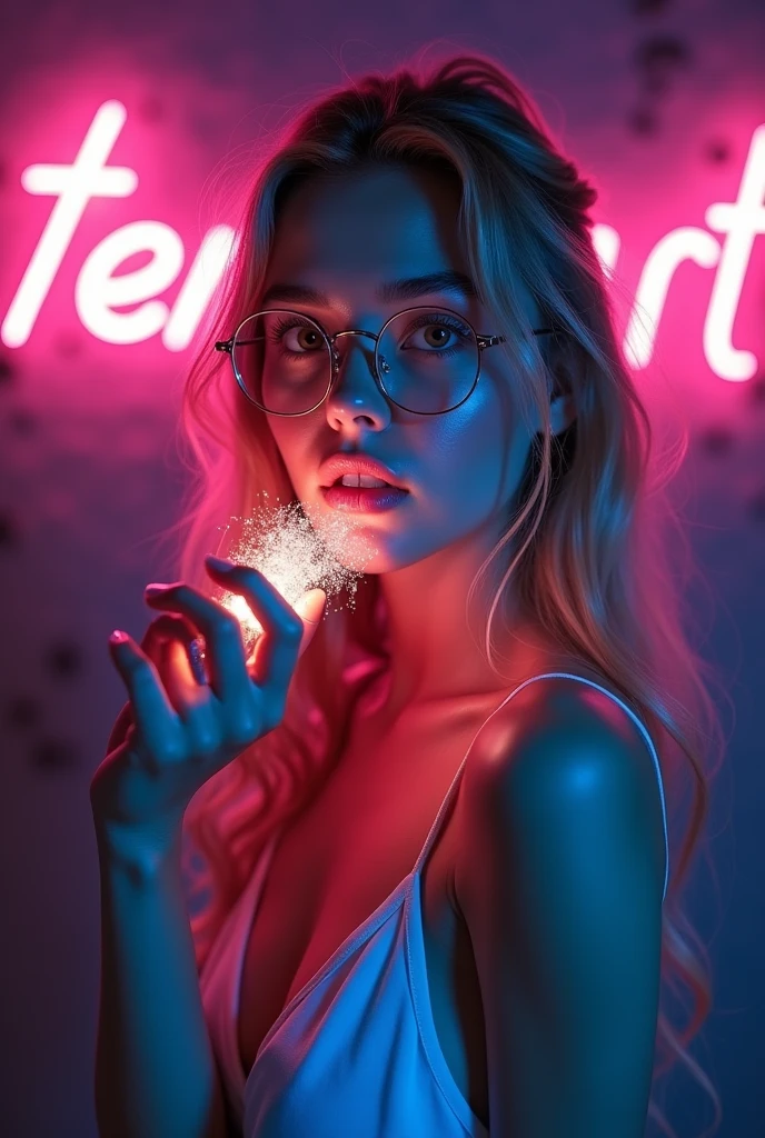 A portrait of a Khazakstan beautiful young woman holds light particles in front of her face in dark room with both hands, in front of a dark grey wall with the words "Tensor-Art" written in neon behind her, Tensor in pink color neon and Art in blue color neon. (Create a bright pink and blue ambience light in a room). She is wearing a white low cut camisole, titanium frame round glasses, (light particles reflecting on the glasses), (she's looking at the light particles and smile), slender body, sexy body, indoor, light blond long wavy hair, sexy moist lips, beautiful brown eyes. Highly detailed, intricate detailed, ultra sharp focus, (low contrast), dreamy, close up photo, pink and blue ambience neon light