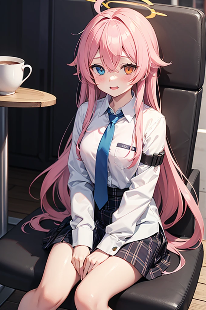 1 woman, Hoshino (blue archive), alone, heterochromia, pink hair, skirt, long hair, necktie, Ahoge, shirt, halo, plaid skirt, blue eyes, plaid, looking at viewer, white shirt, seat, orange eyes, chest harness, harness, long sleeves, ID, dehisce, very long hair, collared shirt, laugh, blue necktie, forehead, Step out of the frame, between legs, hand between legs, blush, hair between eyes, mackerel,masterpiece, best quality