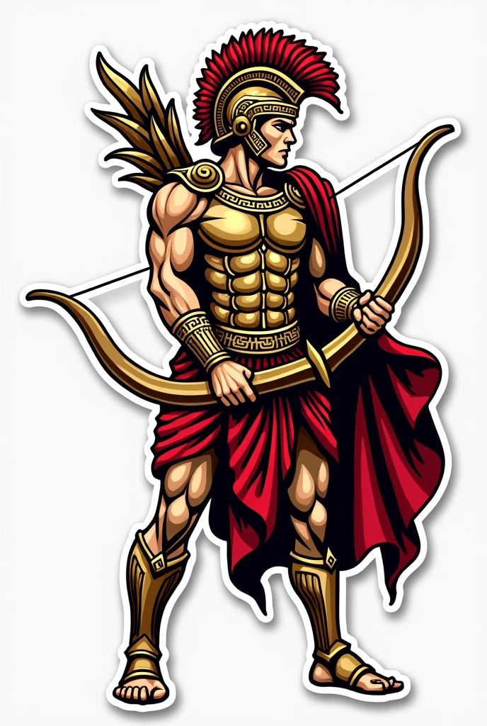 God Apollo wearing an armour and holding a bow and arrow. Make his face a little fierce and facing in front. Make it sticker-like with bold outline. It should be accurate as a logo. Don't put a background.