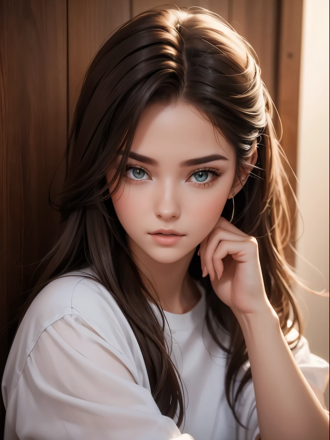girl, long, soft brown hair, gray eyes, sharp features, White skin.